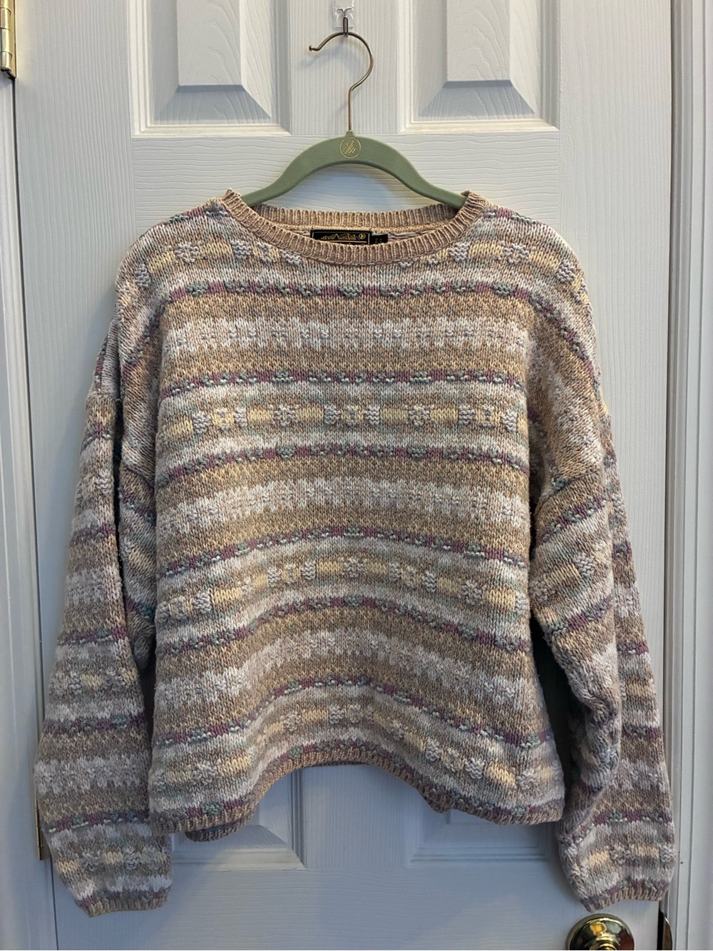 VTG Eddie Bauer Neutral Striped Knit Crewneck Sweater with Pastel Accents Medium